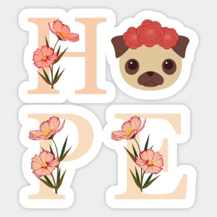 HOPE PUG DOG - Flowers - Peach orange Sticker